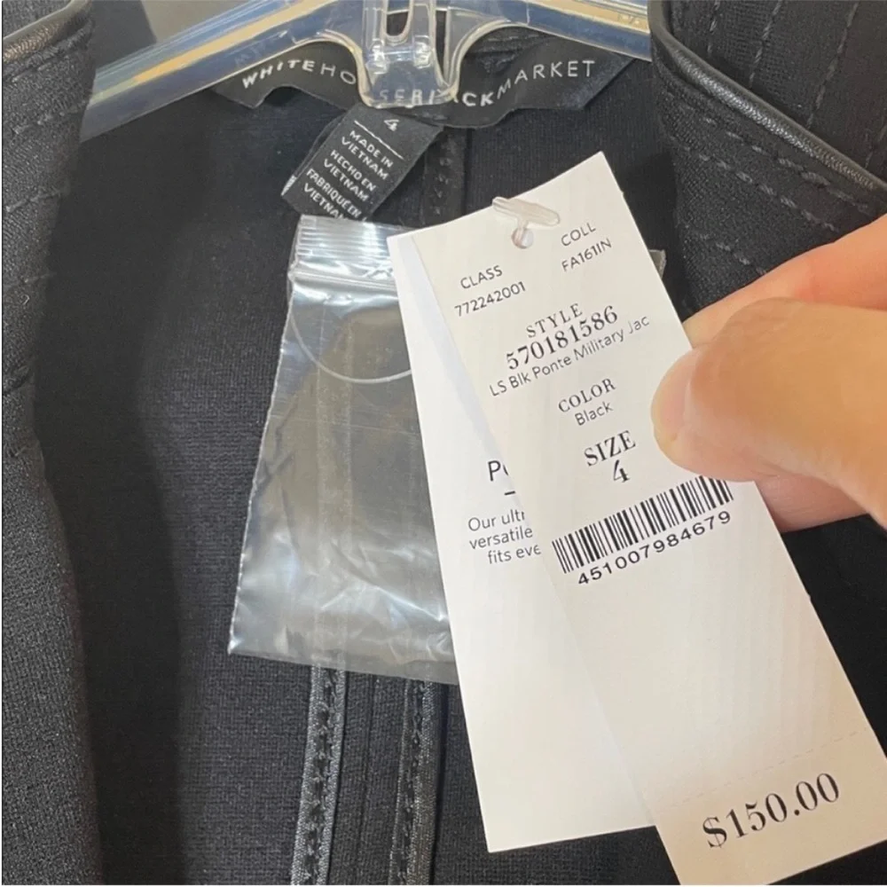 White House Black Market Ponte Black Military Jacket with Leather Pipping. 4.NWT - Picture 3 of 13